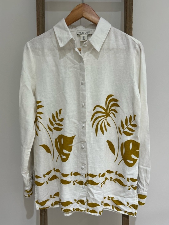 Rachel Zoe Tops - Rachel Zoe Linen Blend Foilage Print Button Down White Shirt Women Size S Earthy